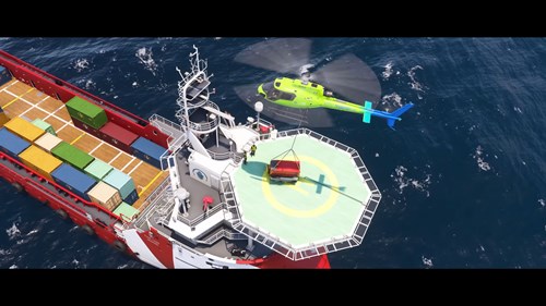 A helicopter lowering cargo onto a cargo ship in Microsoft Flight Simulator 2024