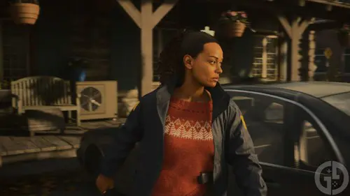 Saga Anderson gets out of a car, captured in Quality mode in Alan Wake 2