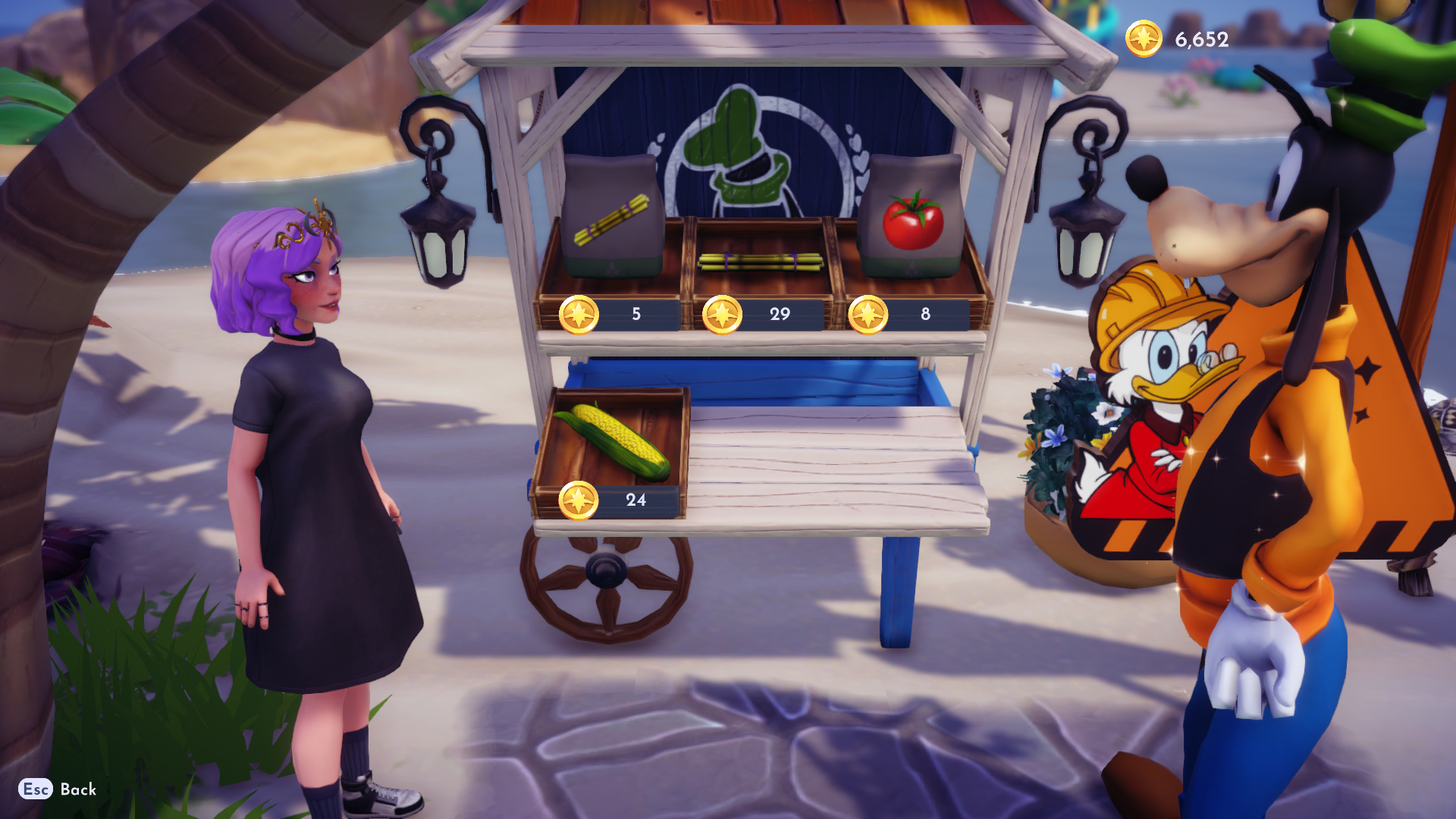 Screenshot of Goofy's Stall in Dazzle Beach, Disney Dreamlight Valley where you can get Sugarcane