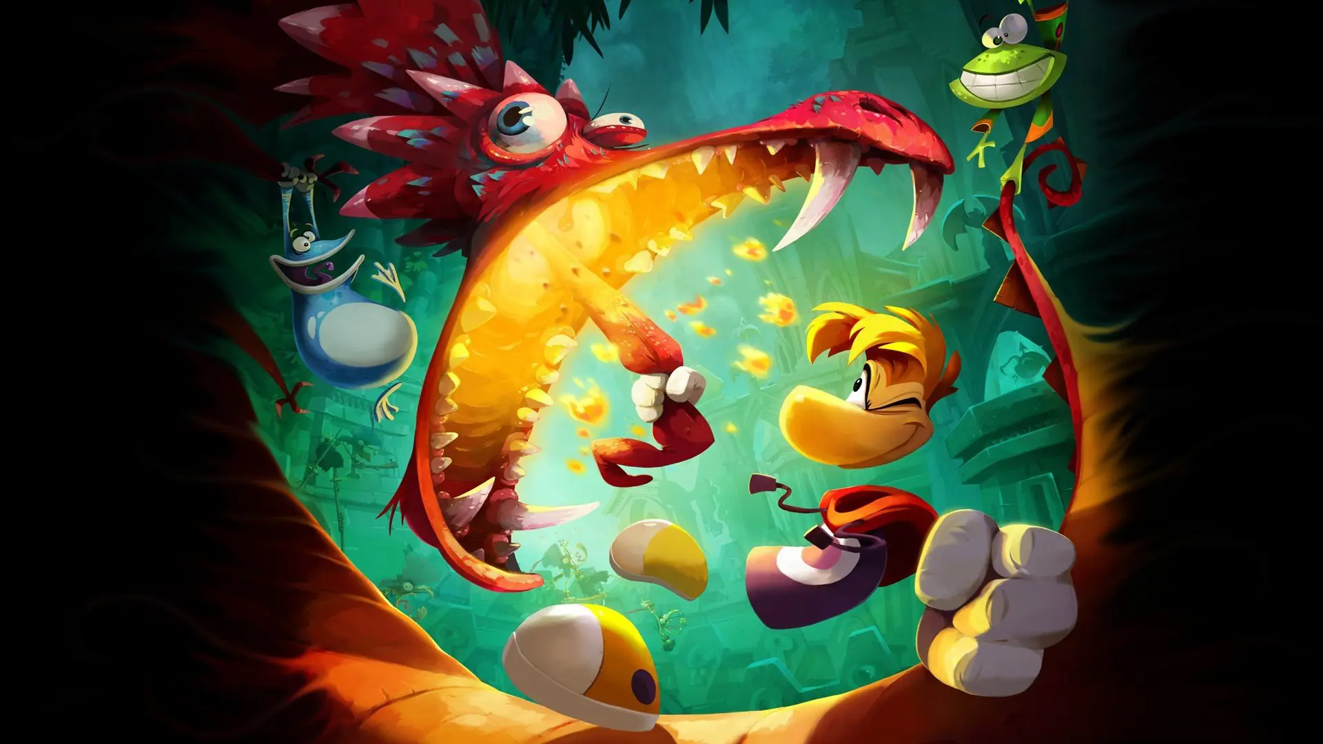 key art of Rayman Legends, showing Rayman fighting a monster