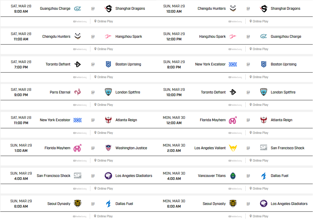 The Overwatch League schedule for the end of March.