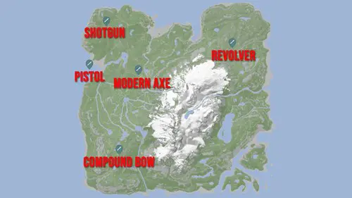 The locations of the best weapons marked on the Sons of the Forest map