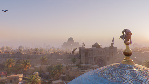 Basim looking across Baghdad in AC Mirage