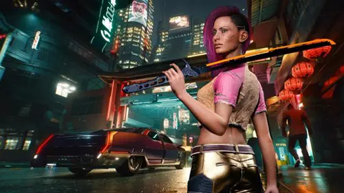 Cyberpunk 2077 woman swinging sword