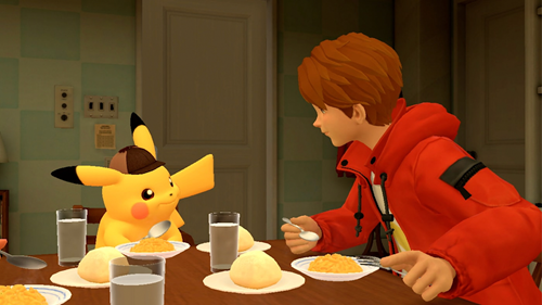 Detective Pikachu and his partner Harry eating dinner.