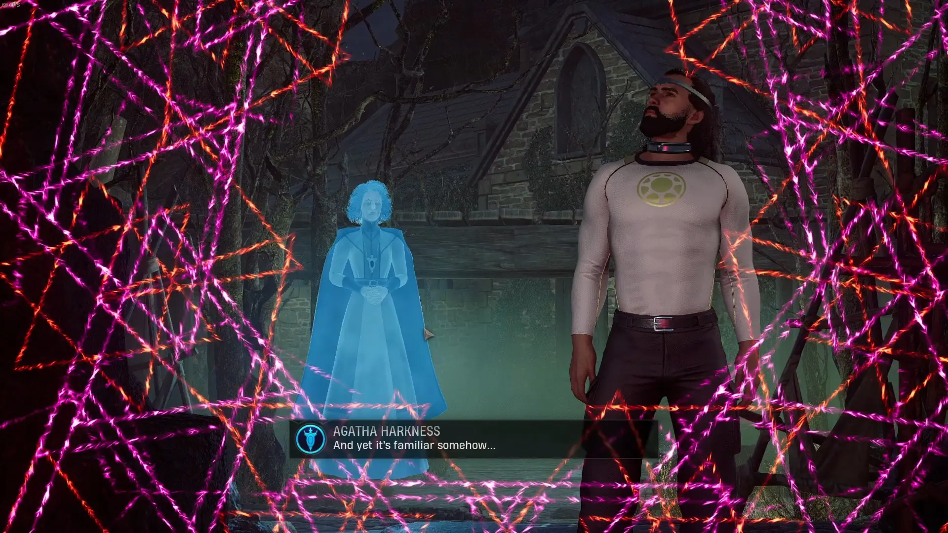 a screenshot of a Midnight Suns cutscene showing Hunter and Agatha talking behind Hiram Shaw's Church