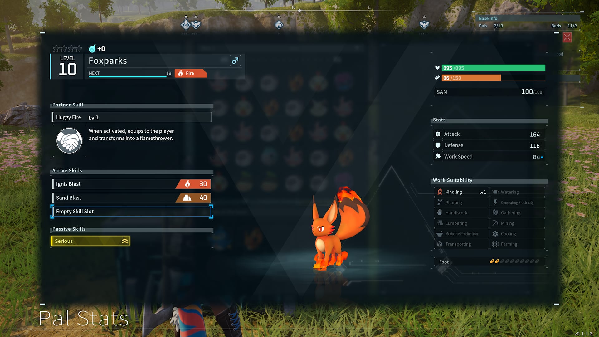 the stat screen for foxparks, showing its moves ignis blast and sand blast as well as its kindling skill