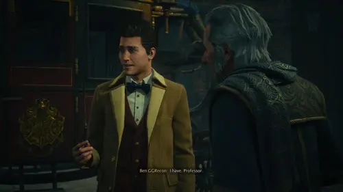 Hogwarts Legacy screenshot showing the protagonist speaking to another character.