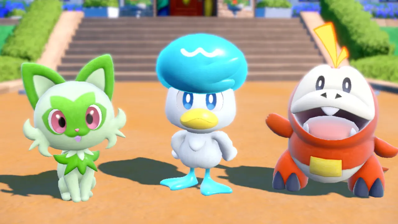 Sprigatito, Quaxly and Fuecoco in Pokemon Scarlet & Violet.