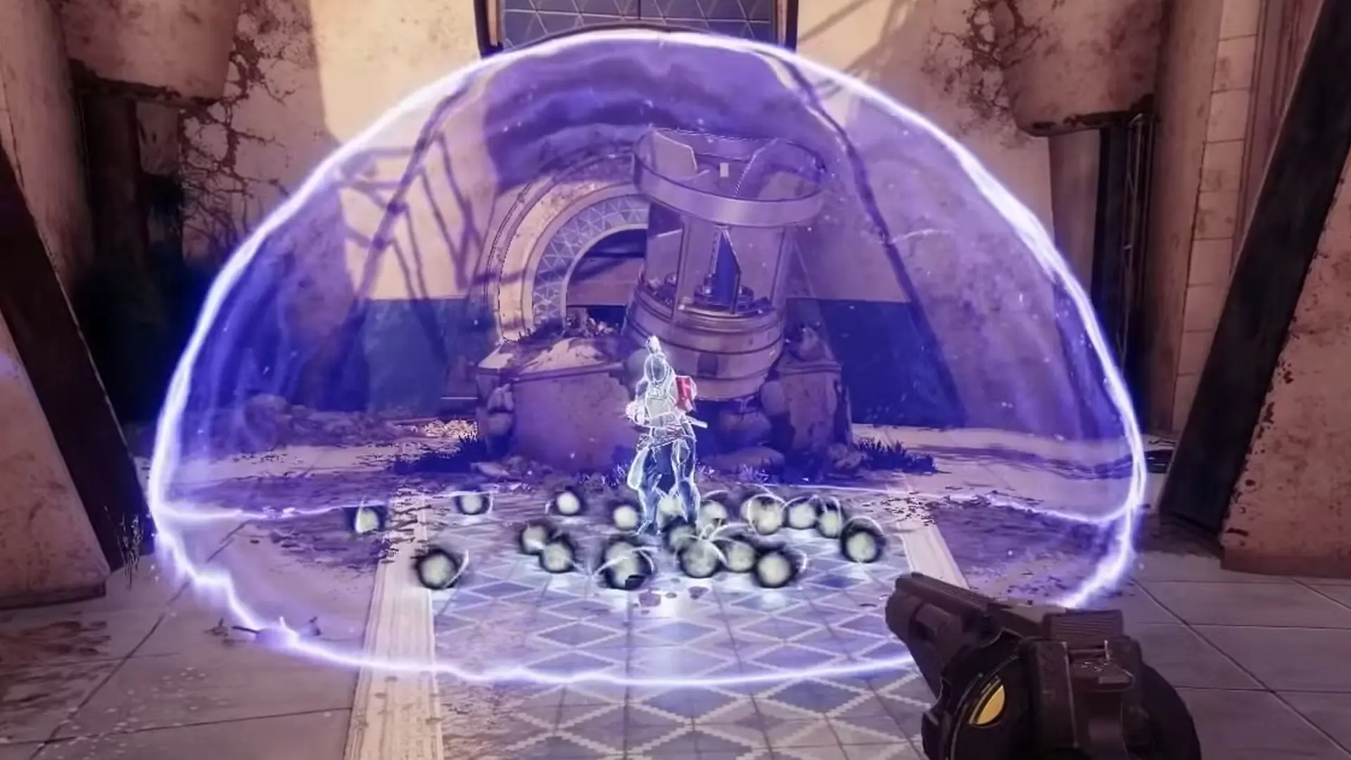 A Titan in a bubble shield with far too many orbs in Destiny 2