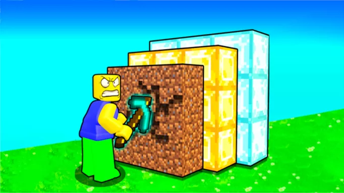 Key art for Block Mine Simulator showing a character angrily using a pickaxe
