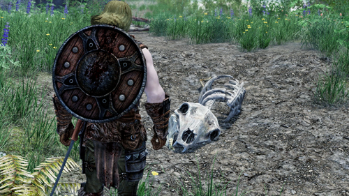 A player inspecting bones in Skyrim's Immersive Death Cycle mod.