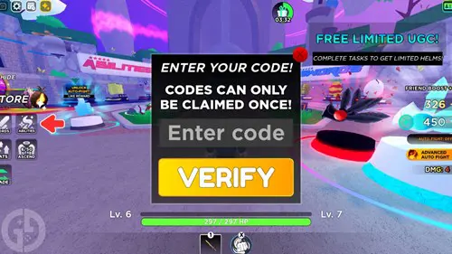 The code redemption screen in Anime Battlegrounds Y for Roblox