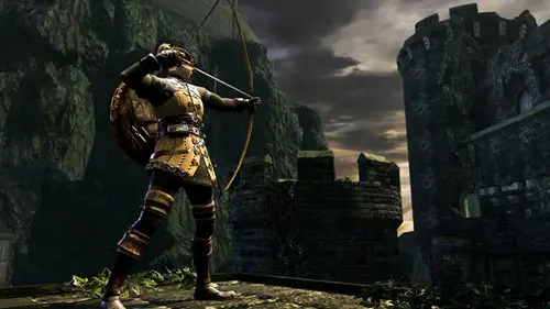 A character draws a bow ready to fire in Dark Souls