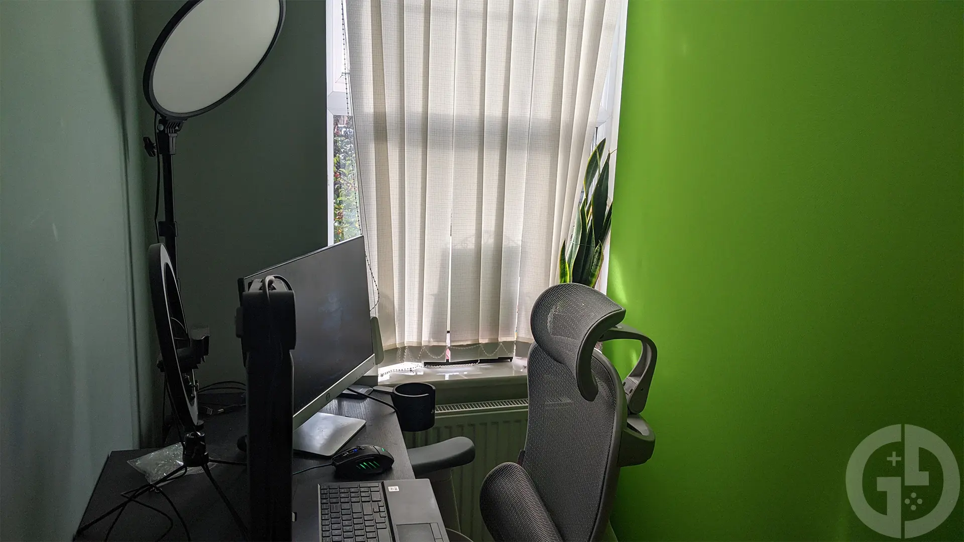 Image of the Streamplify Green Screen behind a PC setup