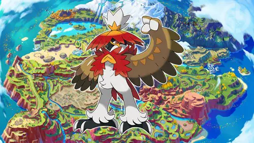 Hisuian Decidueye over the Paldea map in Pokemon Scarlet & Violet