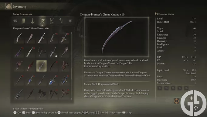 Image of the Dragon Hunter's Great Katana in Elden Ring Shadow of the Erdtree